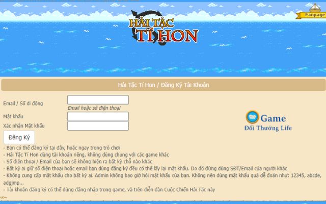 Màn hình đăng ký game Hải Tặc Tí Hon
